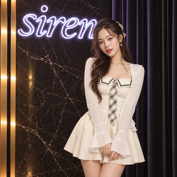 크림 리본 드레스를 착용한 여성의 세이렌 화보